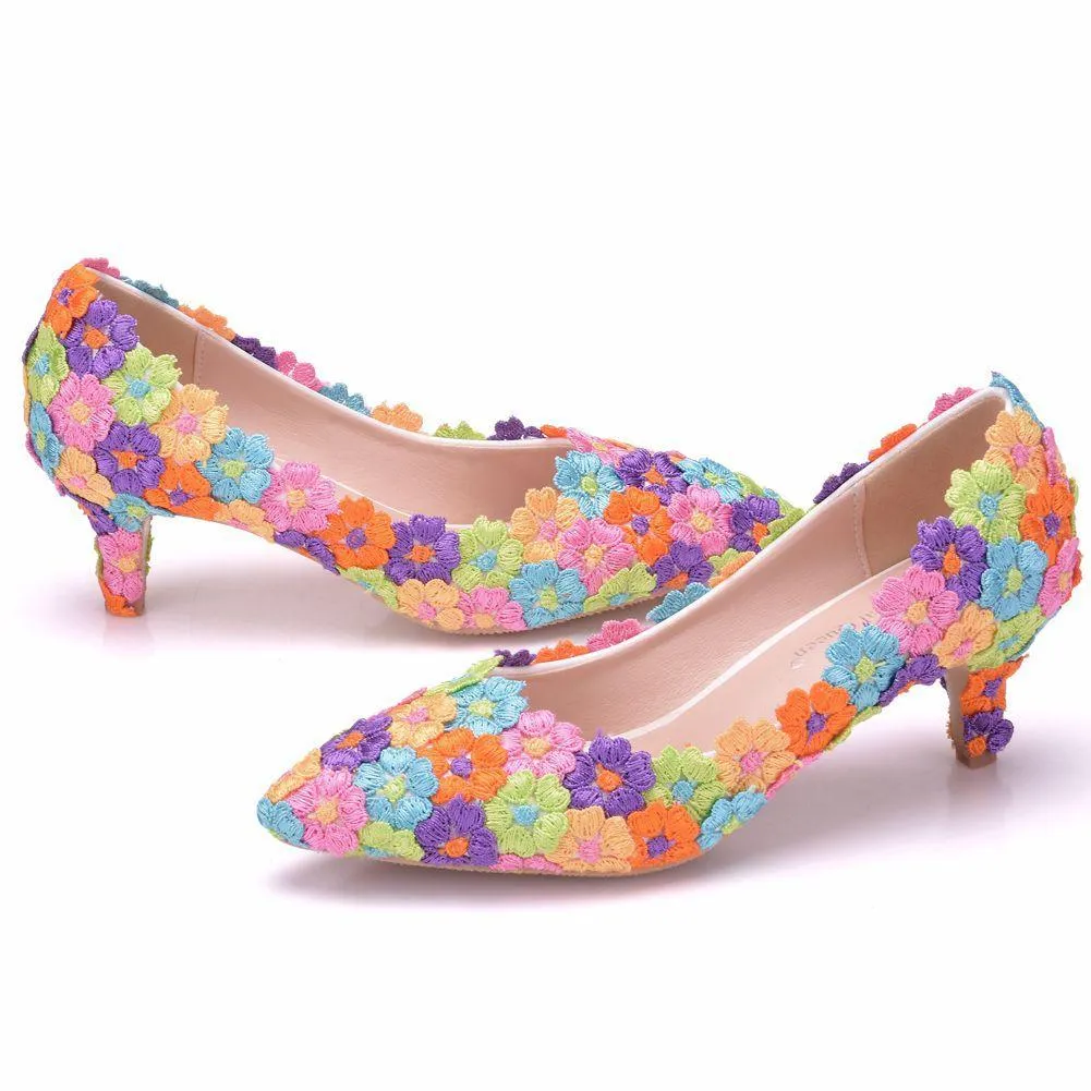 Women's kitten heel lace imitation pearl wedding pumps