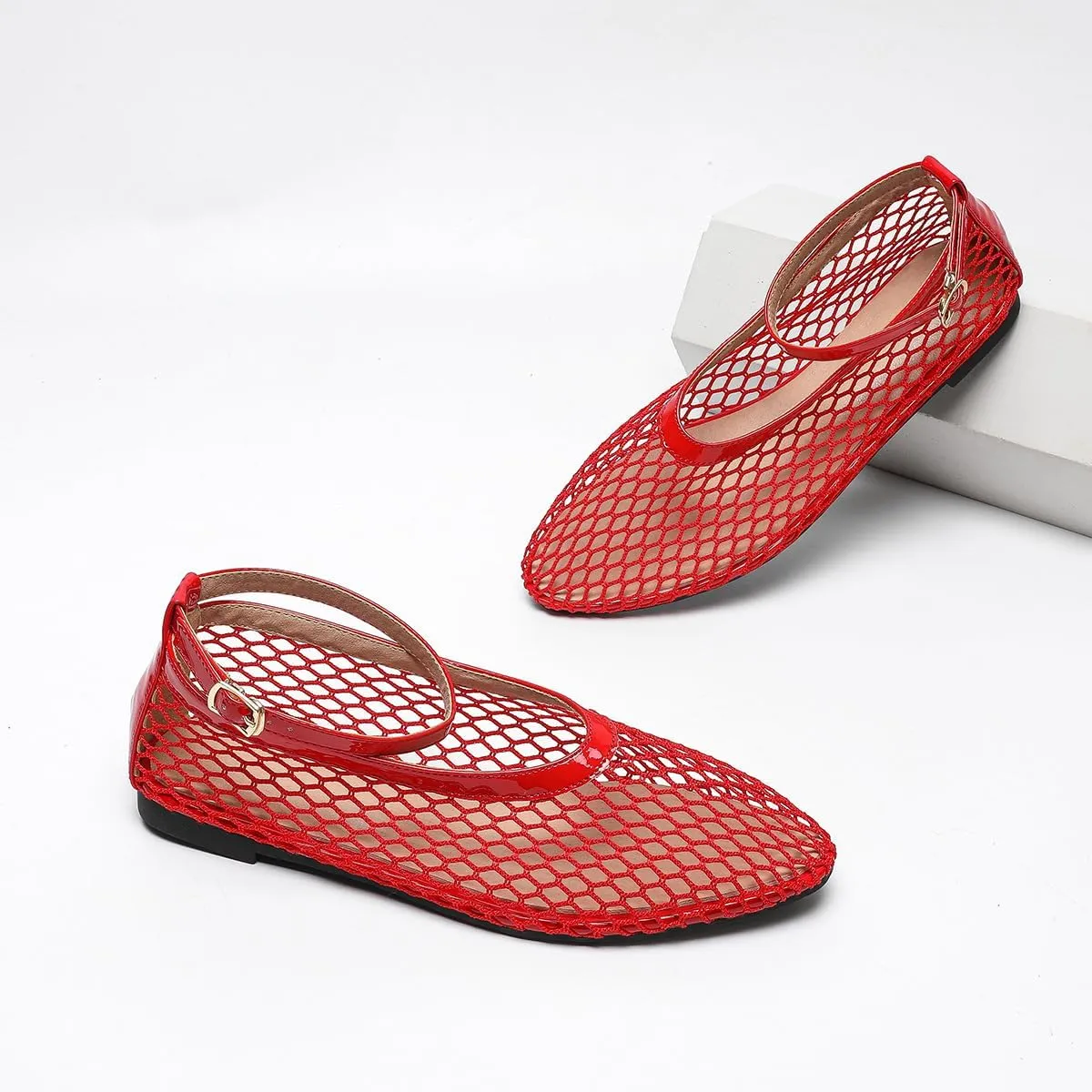 Women's Mesh Ballet Flats Ankle Strap Mary Jane Style Breathable Metal Buckle shoes Summer Casual Daily Dress Fishnet Flats
