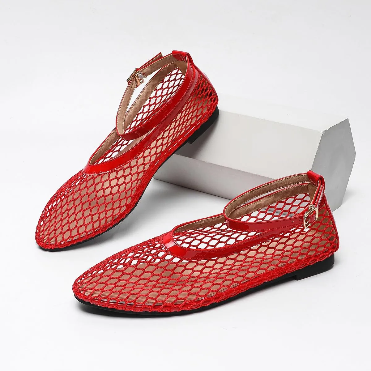 Women's Mesh Ballet Flats Ankle Strap Mary Jane Style Breathable Metal Buckle shoes Summer Casual Daily Dress Fishnet Flats