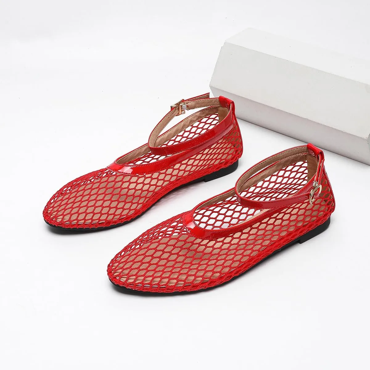 Women's Mesh Ballet Flats Ankle Strap Mary Jane Style Breathable Metal Buckle shoes Summer Casual Daily Dress Fishnet Flats