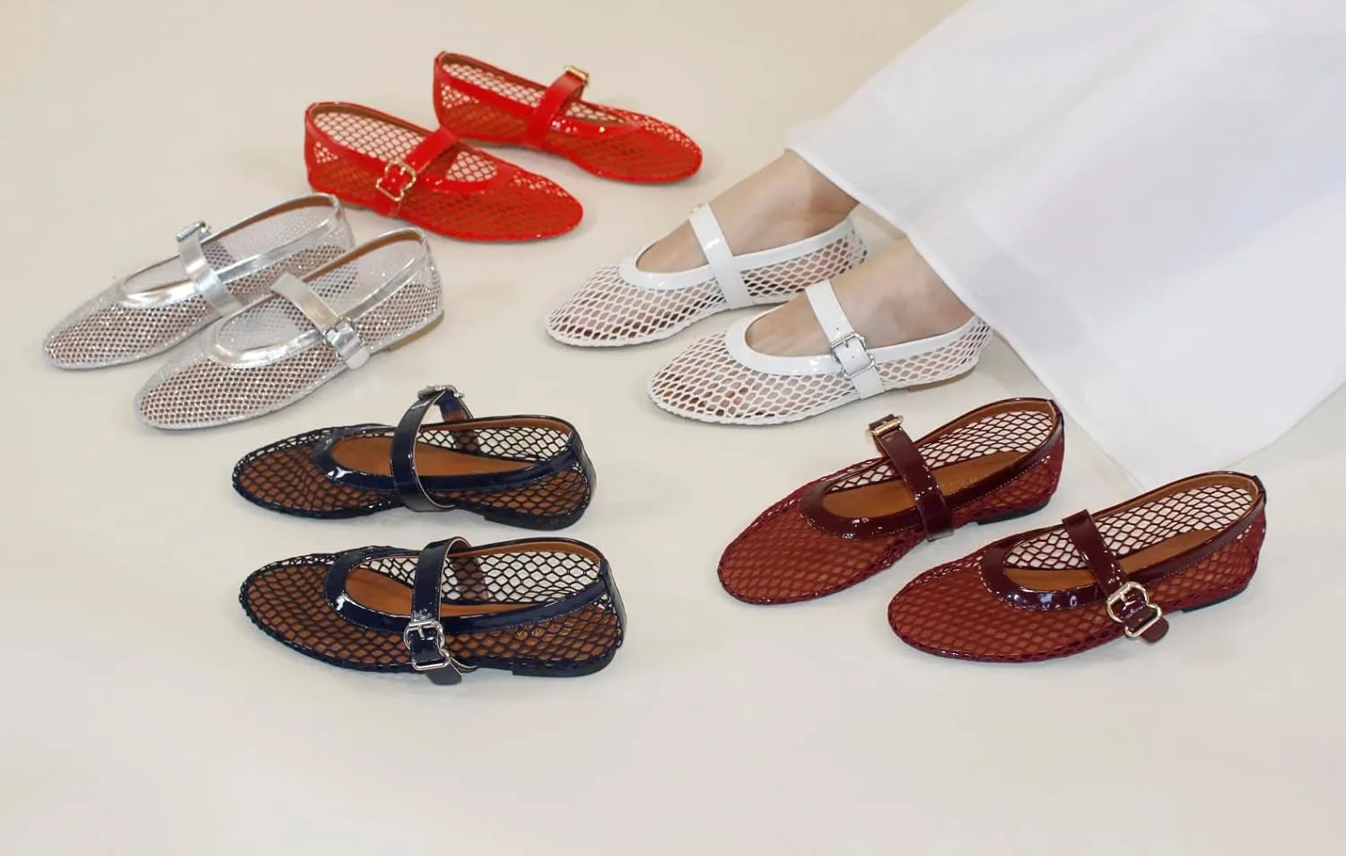 Womens Mesh Ballet Flats Fishnet Mary Jane Flats with Adjustable Buckle Strap, Breathable & Stylish Ballerina Shoes