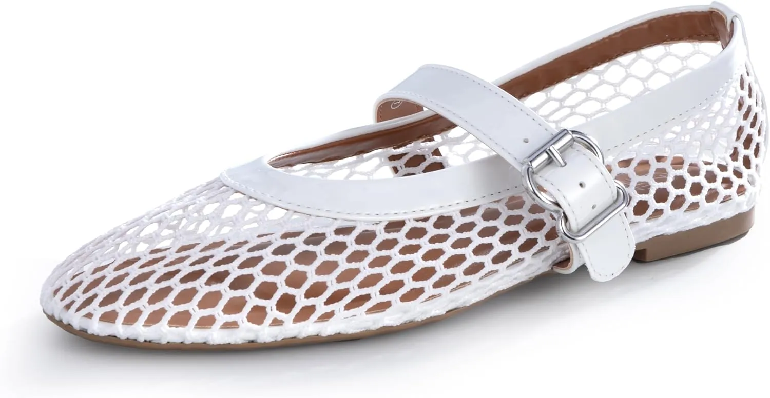 Womens Mesh Ballet Flats Fishnet Mary Jane Flats with Adjustable Buckle Strap, Breathable & Stylish Ballerina Shoes