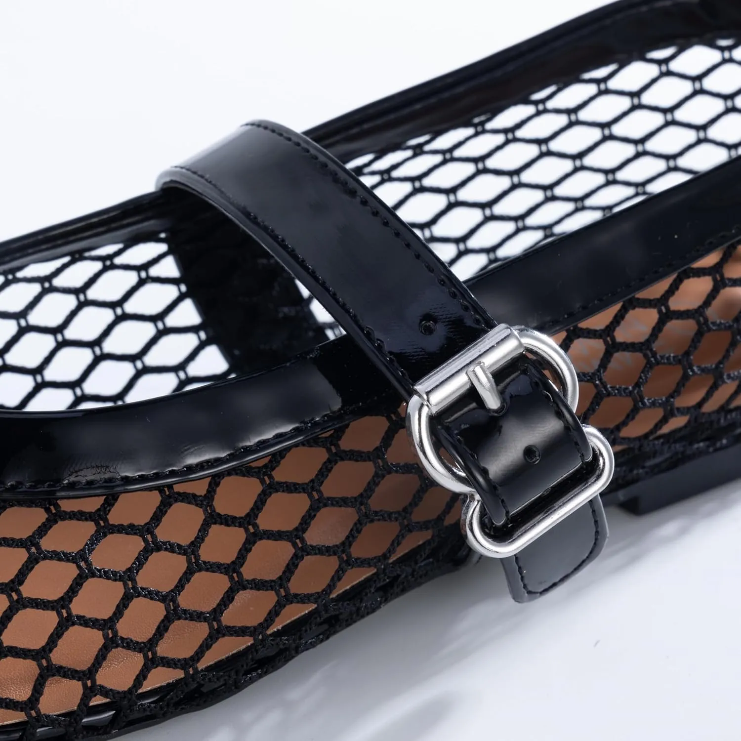 Womens Mesh Ballet Flats  Fishnet Mary Jane Flats with Adjustable Buckle Strap, Breathable & Stylish Ballerina Shoes