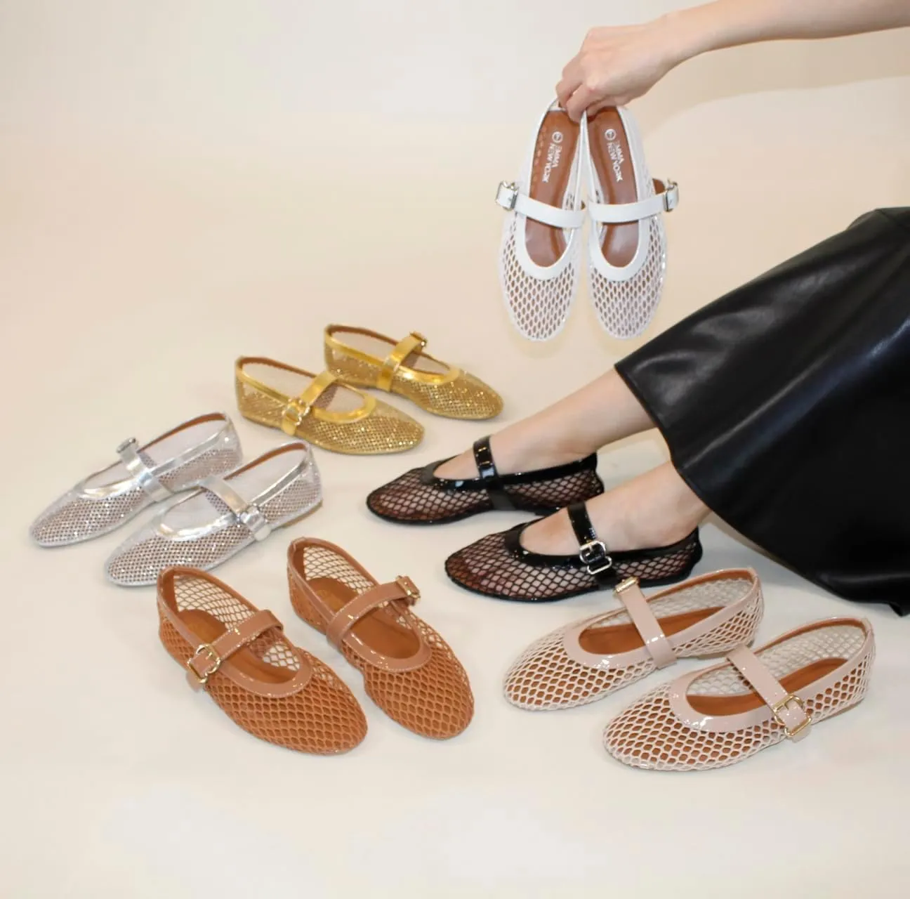 Womens Mesh Ballet Flats Fishnet Mary Jane Flats with Adjustable Buckle Strap, Breathable & Stylish Ballerina Shoes