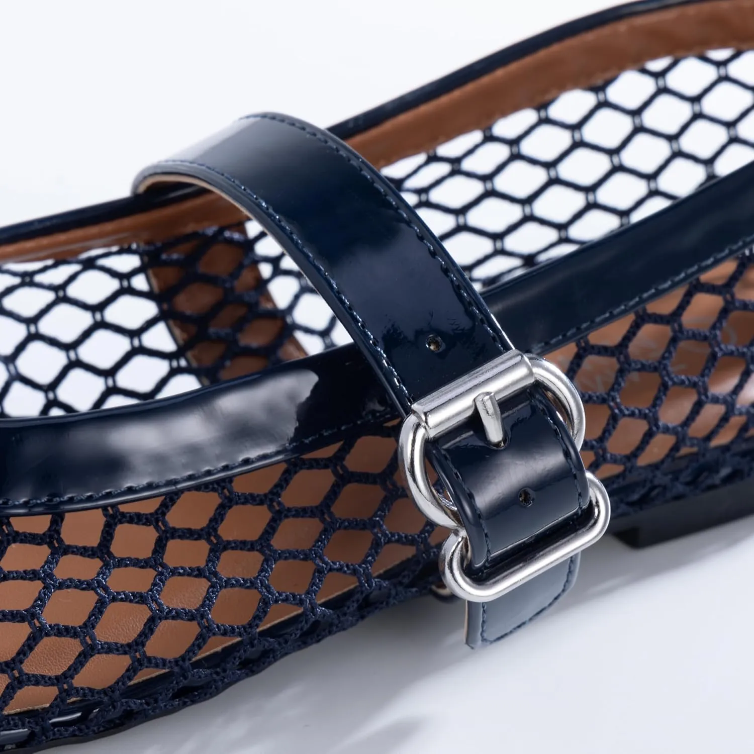 Womens Mesh Ballet Flats Fishnet Mary Jane Flats with Adjustable Buckle Strap, Breathable & Stylish Ballerina Shoes