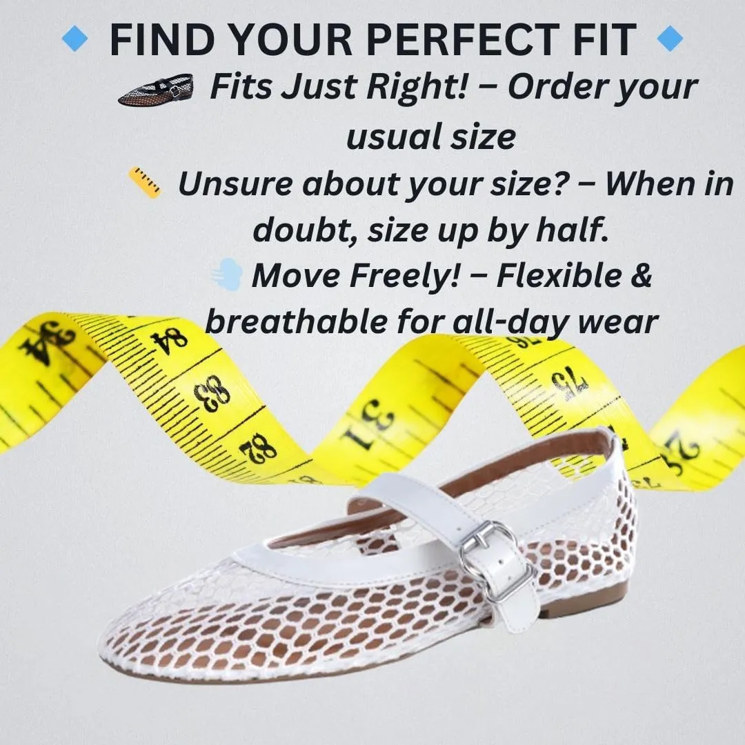 Womens Mesh Ballet Flats  Fishnet Mary Jane Flats with Adjustable Buckle Strap, Breathable & Stylish Ballerina Shoes