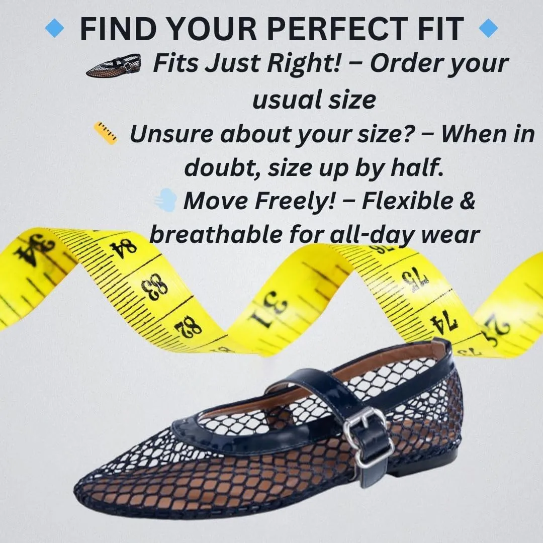 Womens Mesh Ballet Flats  Fishnet Mary Jane Flats with Adjustable Buckle Strap, Breathable & Stylish Ballerina Shoes