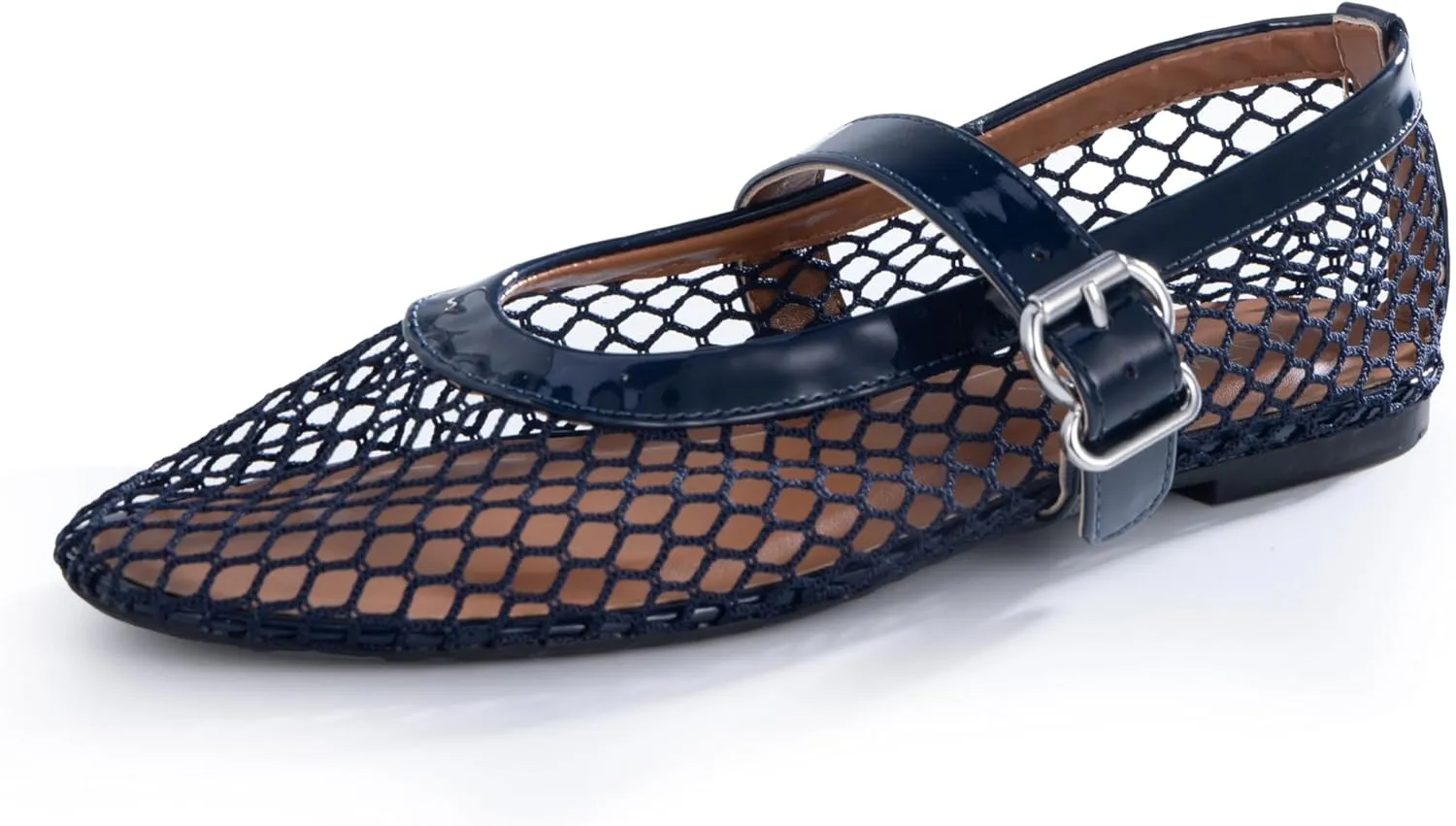 Womens Mesh Ballet Flats Fishnet Mary Jane Flats with Adjustable Buckle Strap, Breathable & Stylish Ballerina Shoes