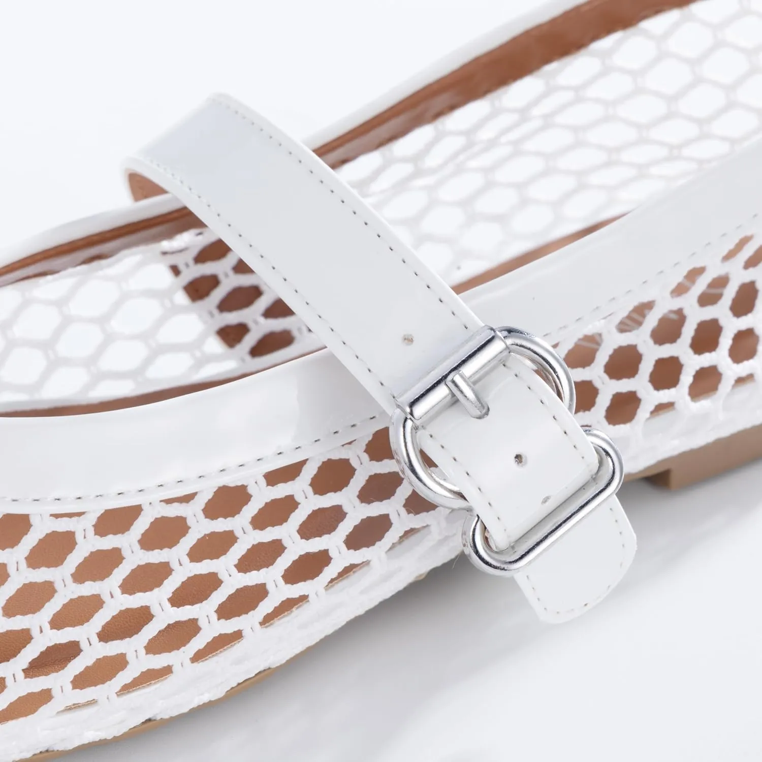 Womens Mesh Ballet Flats Fishnet Mary Jane Flats with Adjustable Buckle Strap, Breathable & Stylish Ballerina Shoes