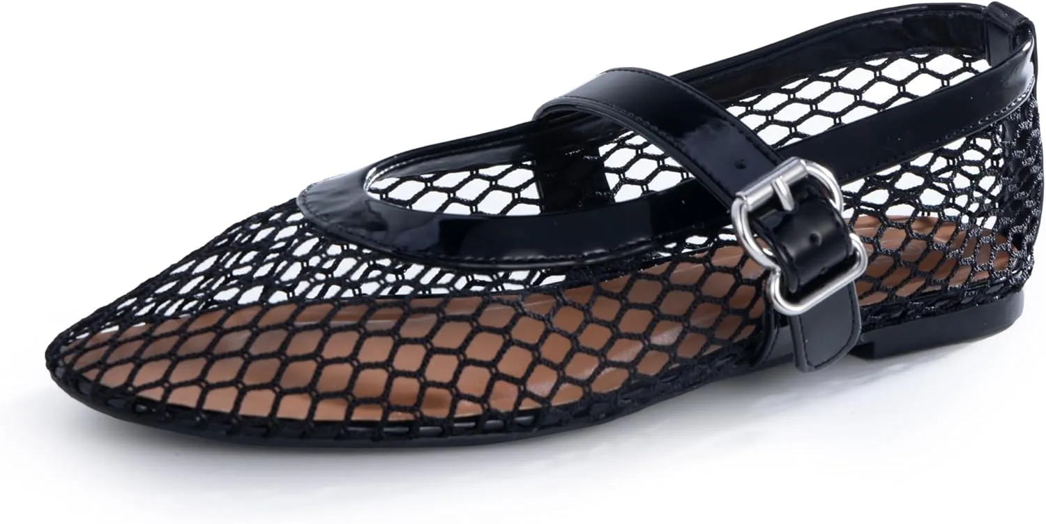 Womens Mesh Ballet Flats  Fishnet Mary Jane Flats with Adjustable Buckle Strap, Breathable & Stylish Ballerina Shoes