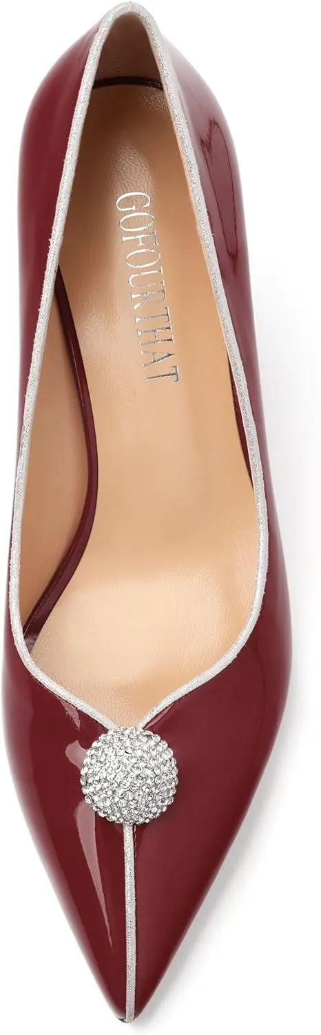 Women's Pointed Toe Heels for Women Stiletto Kitten Heel Slip-on Patent Pumps Elegant Dress Party Wedding Rhinestones Shoes 2.5 inch