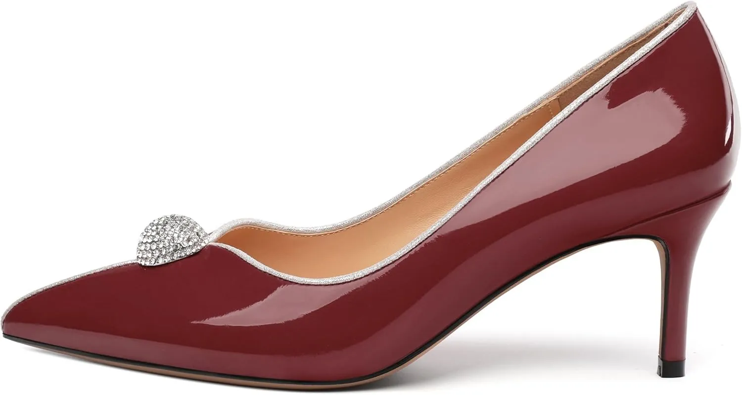Women's Pointed Toe Heels for Women Stiletto Kitten Heel Slip-on Patent Pumps Elegant Dress Party Wedding Rhinestones Shoes 2.5 inch