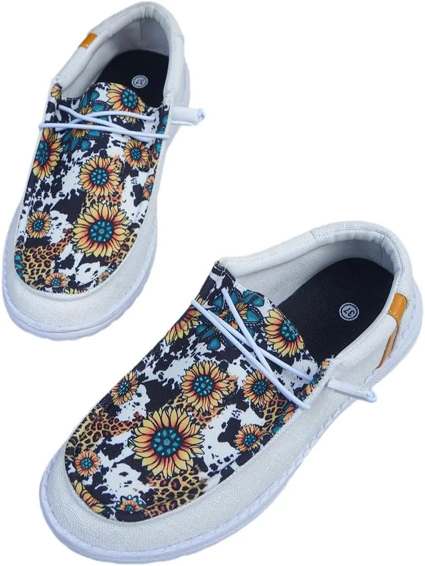 Women's Sunflower Print Deck Shoes Slip On Comfortable Boat Shoes Comfortable Lightweight Lace-Up Canvas Flat Casual Loafers for Walking Seasonal Sneaker for Work