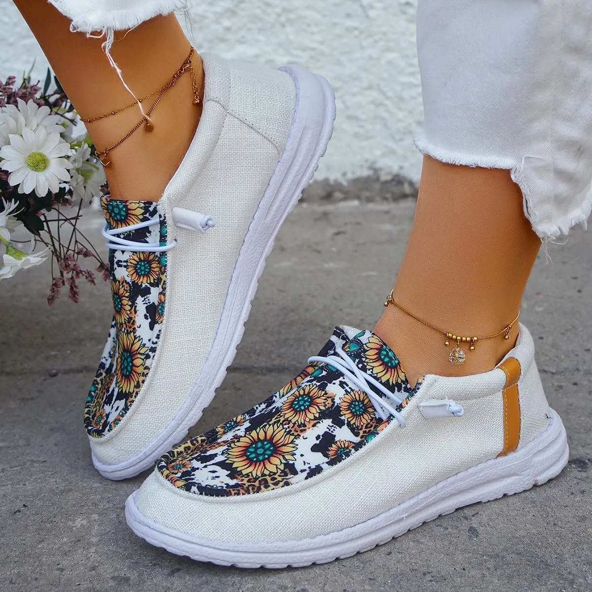 Women's Sunflower Print Deck Shoes Slip On Comfortable Boat Shoes Comfortable Lightweight Lace-Up Canvas Flat Casual Loafers for Walking Seasonal Sneaker for Work