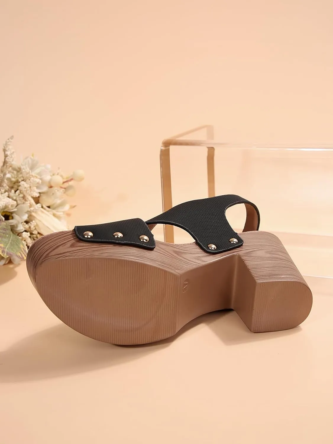 Wood Sandals for Women 2024  Trendy Peep Toe Chunky Heel Sandals with Heel Strap