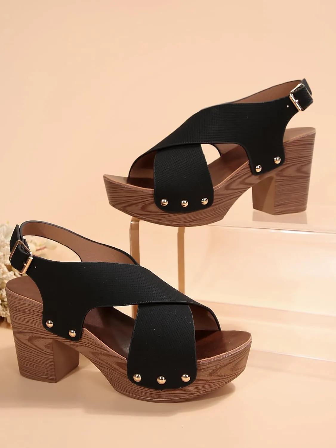 Wood Sandals for Women 2024 Trendy Peep Toe Chunky Heel Sandals with Heel Strap