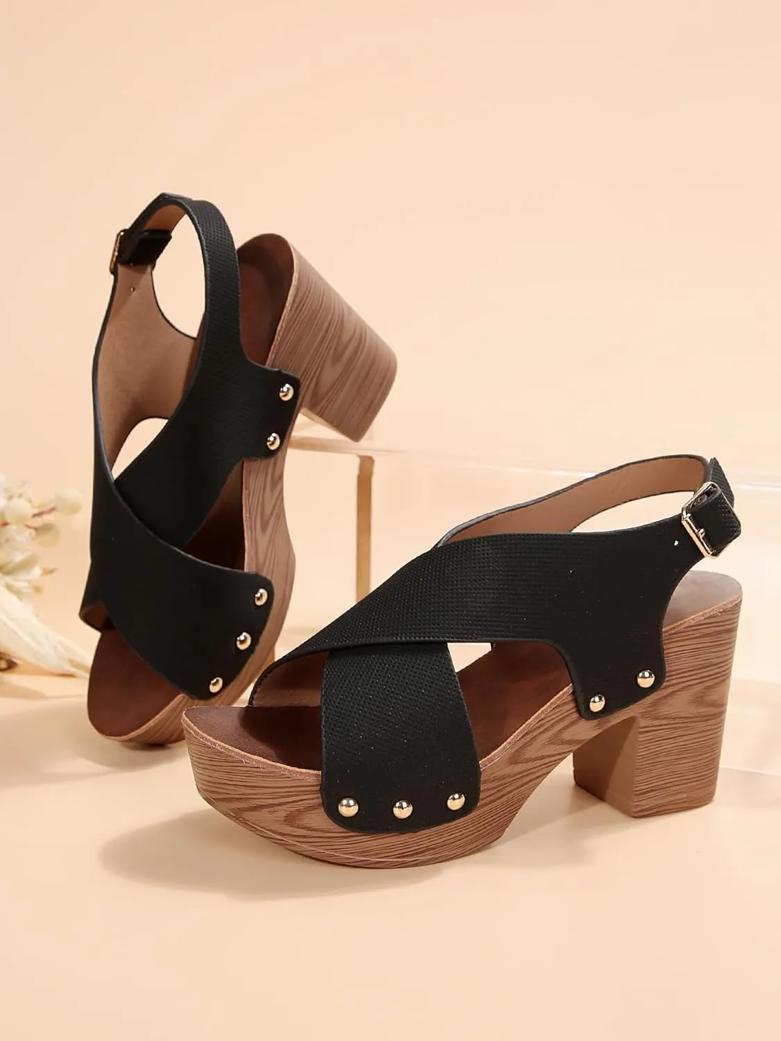Wood Sandals for Women 2024 Trendy Peep Toe Chunky Heel Sandals with Heel Strap