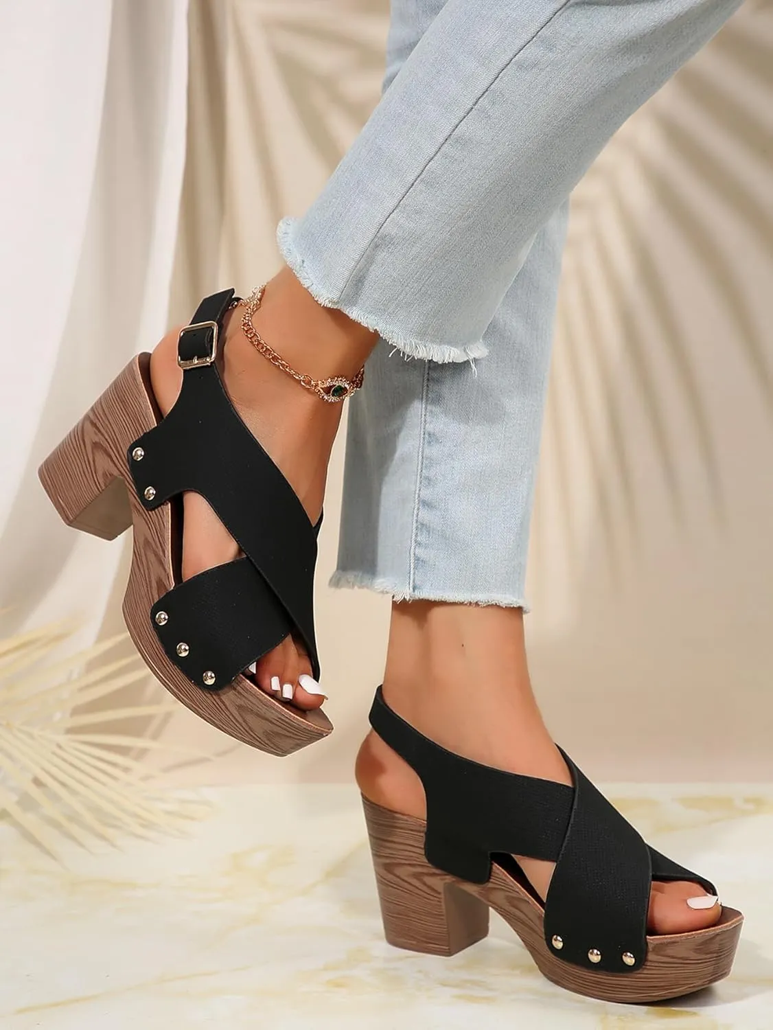 Wood Sandals for Women 2024 Trendy Peep Toe Chunky Heel Sandals with Heel Strap