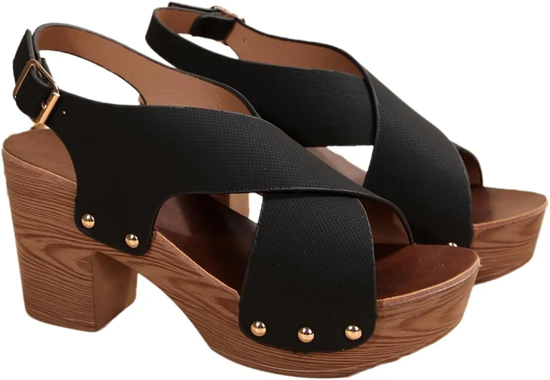 Wood Sandals for Women 2024 Trendy Peep Toe Chunky Heel Sandals with Heel Strap