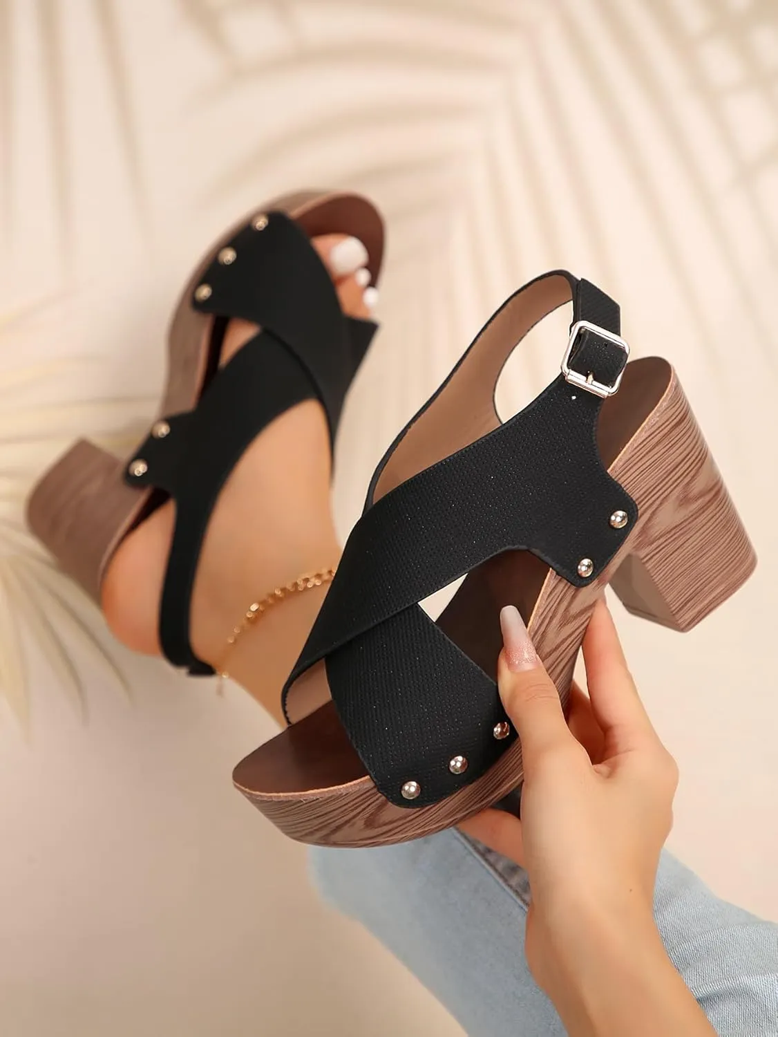 Wood Sandals for Women 2024 Trendy Peep Toe Chunky Heel Sandals with Heel Strap
