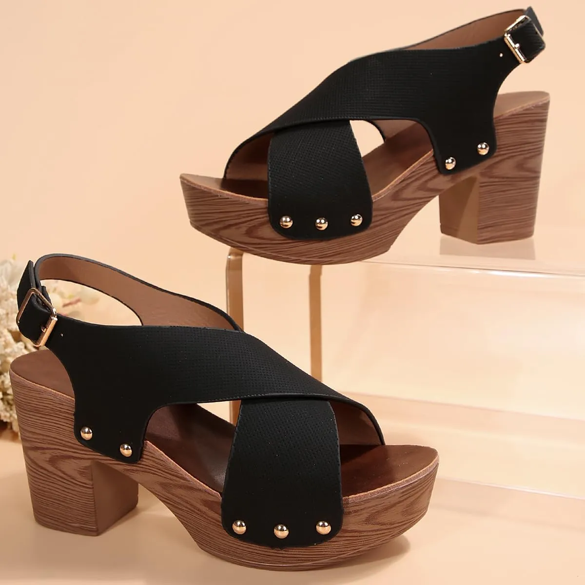 Wood Sandals for Women 2024 Trendy Peep Toe Chunky Heel Sandals with Heel Strap