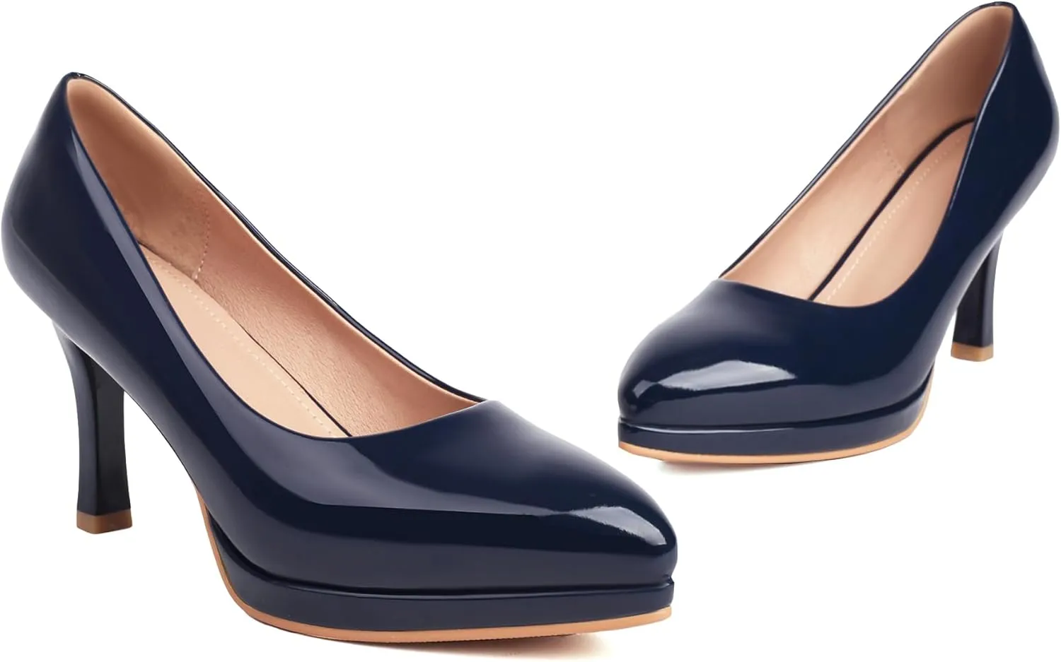 XIEDA Women's Pointed Toe Low Platform High Heels 3 Inch Patent Leather Pumps Classic Elegant for All Occasions