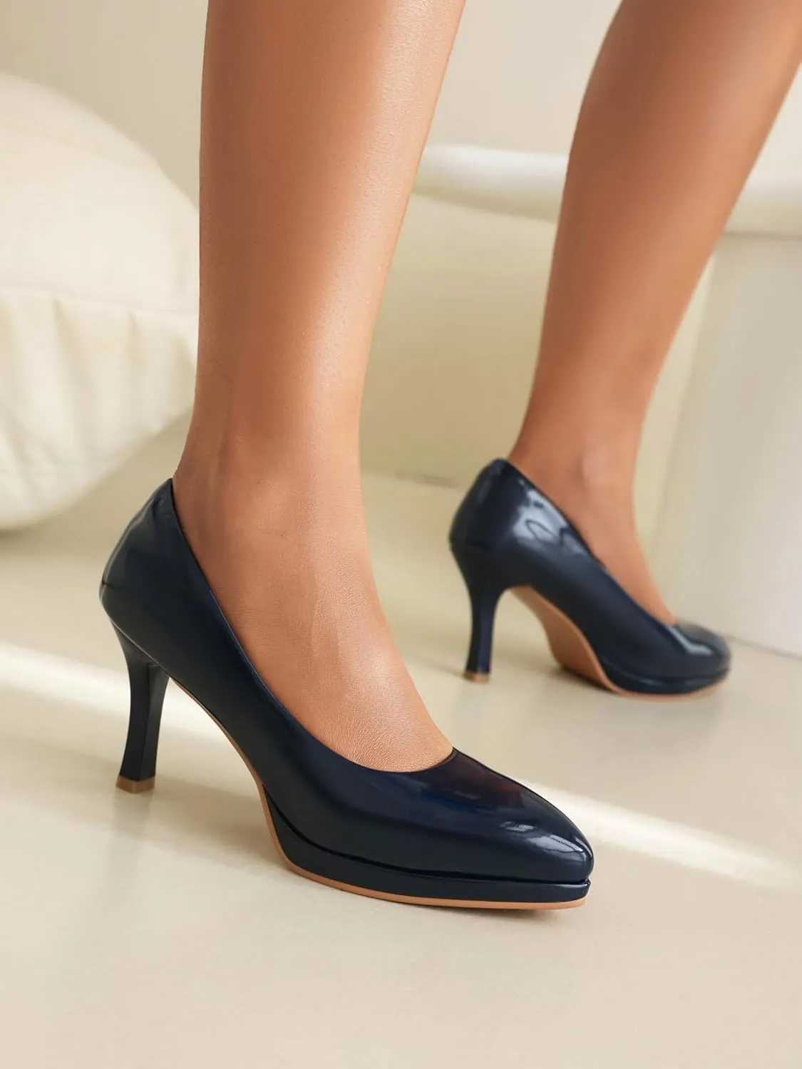 XIEDA Women's Pointed Toe Low Platform High Heels 3 Inch Patent Leather Pumps Classic Elegant for All Occasions