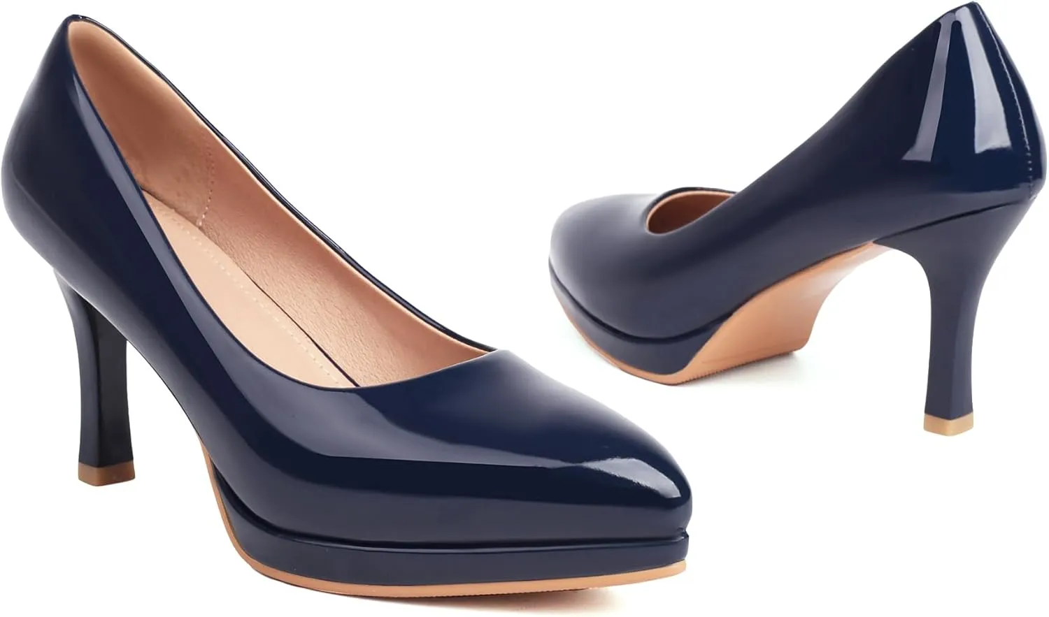 XIEDA Women's Pointed Toe Low Platform High Heels 3 Inch Patent Leather Pumps Classic Elegant for All Occasions